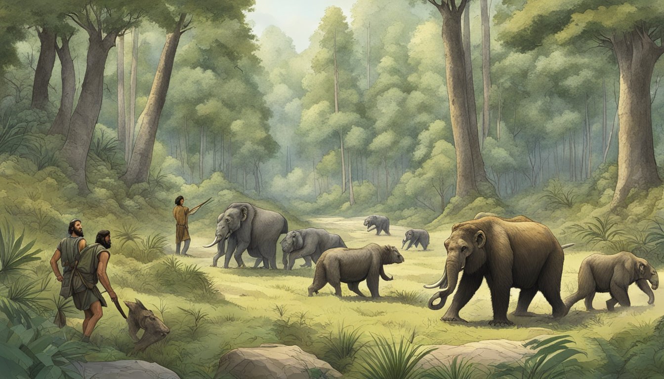 A group of early humans tracking and hunting a wild animal in a forested landscape