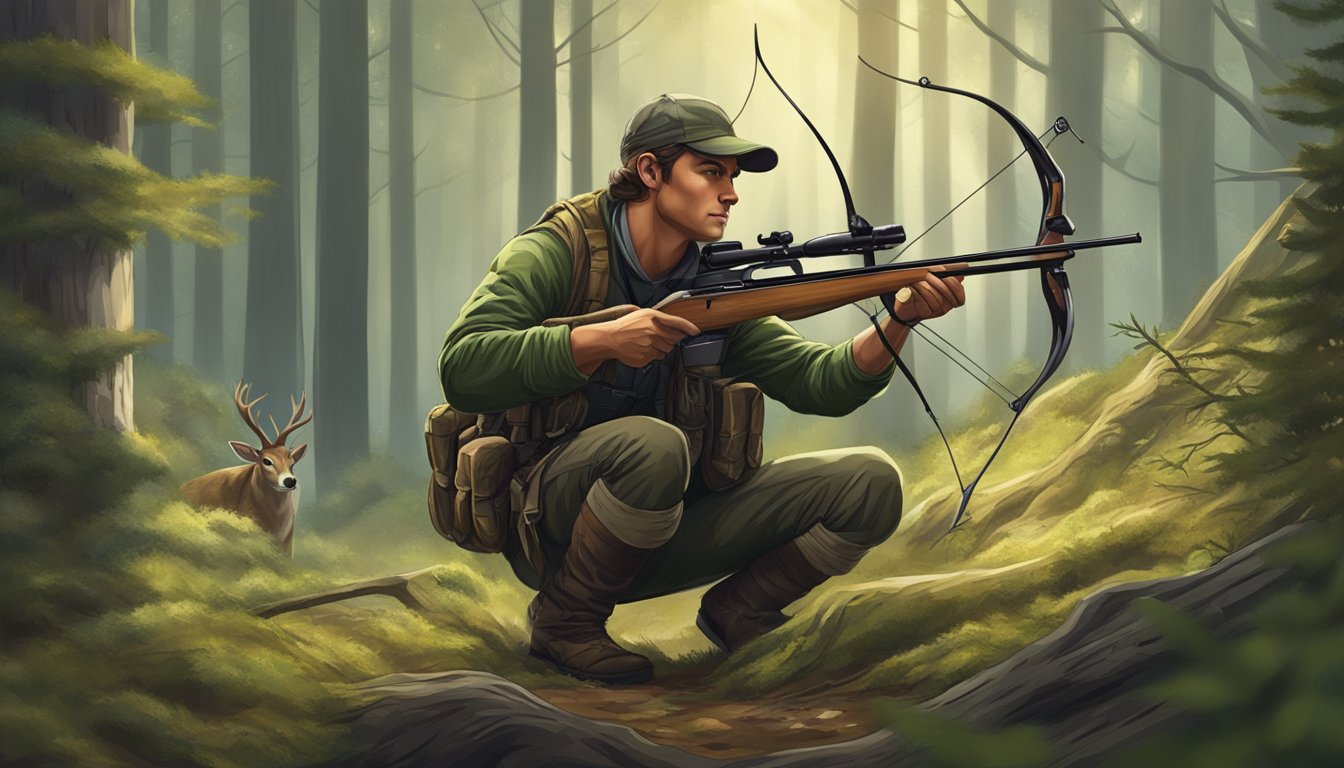 A hunter crouching in a forest, aiming a bow at a deer