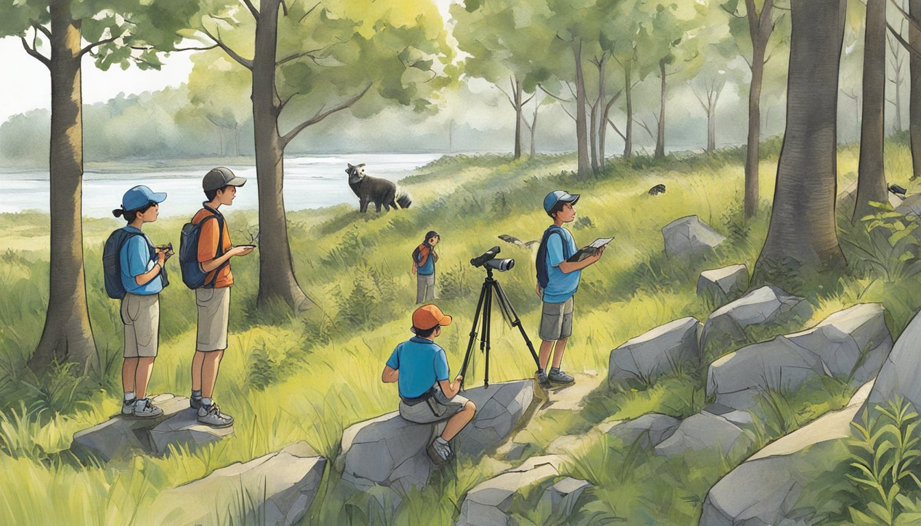 A group of students observe a natural habitat, with one student taking notes while another uses binoculars to survey the area. A guide points out animal tracks and discusses the role of hunting in environmental education