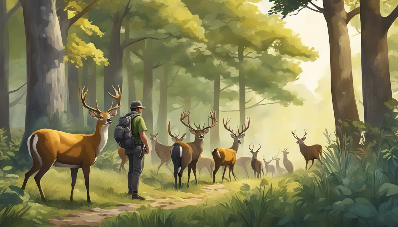 A group of diverse wildlife, including deer, birds, and small mammals, roam freely in a natural setting. A hunter observes from a distance, respecting the balance of nature