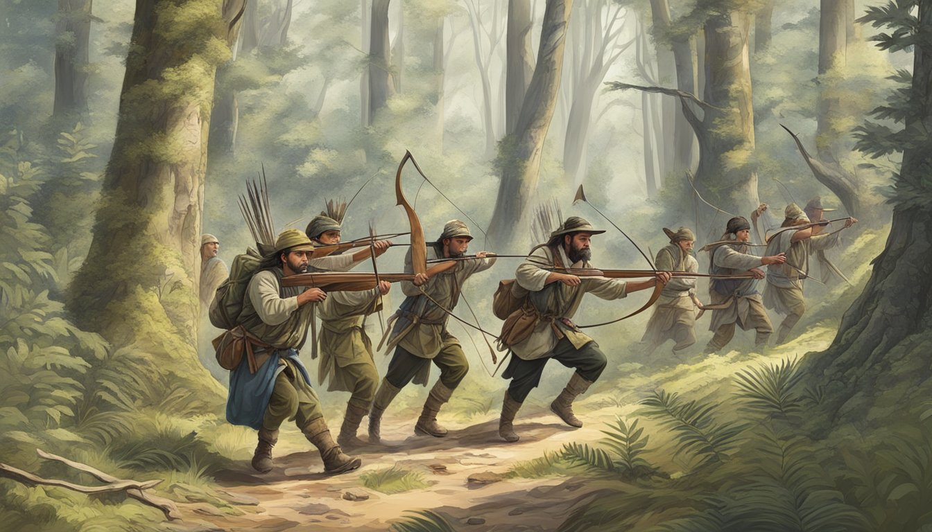 A group of hunters in traditional attire tracking through a forest with bows and arrows, surrounded by wildlife and nature