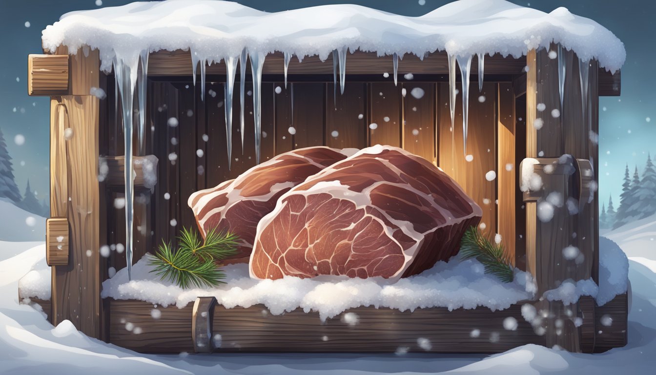 A rustic wooden crate filled with ice and game meat, surrounded by snow and icicles