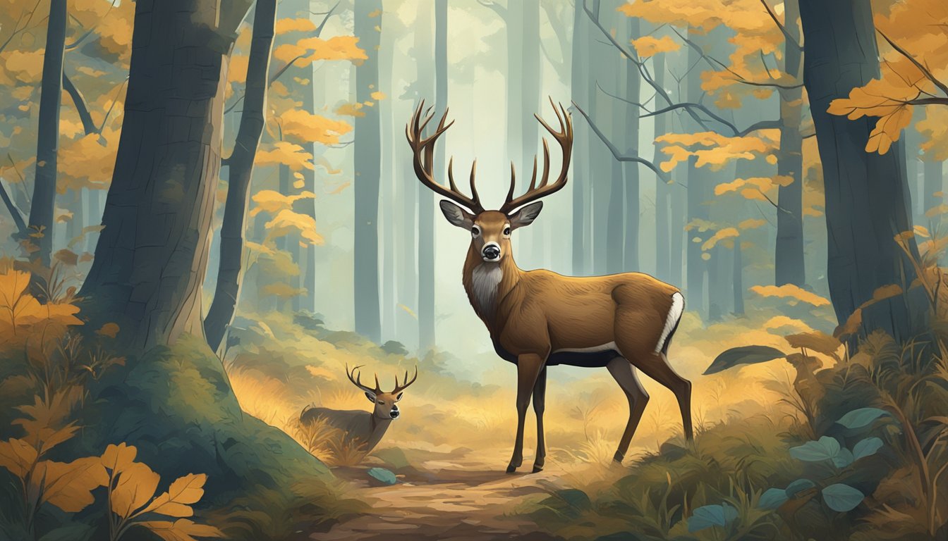 A lone deer standing in a forest clearing, surrounded by intricate hunting tools and artistic representations of nature