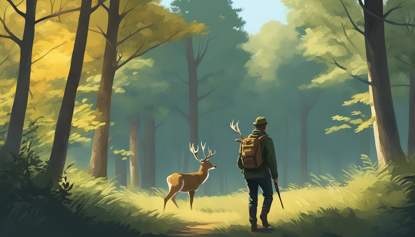 A hunter silently stalking through the forest, bow in hand, while a deer grazes in the distance