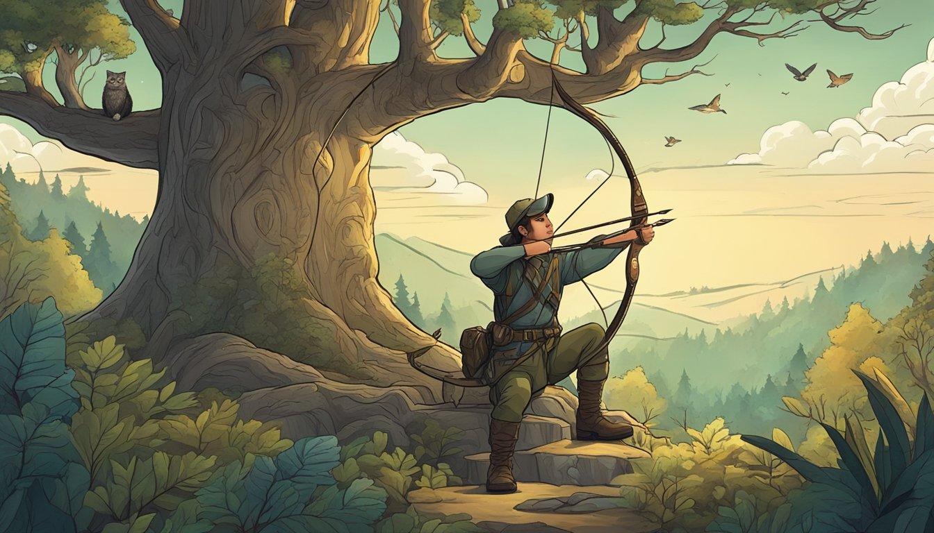 A serene forest with a hunter's bow and arrow resting against a tree, surrounded by wildlife and traditional art symbols