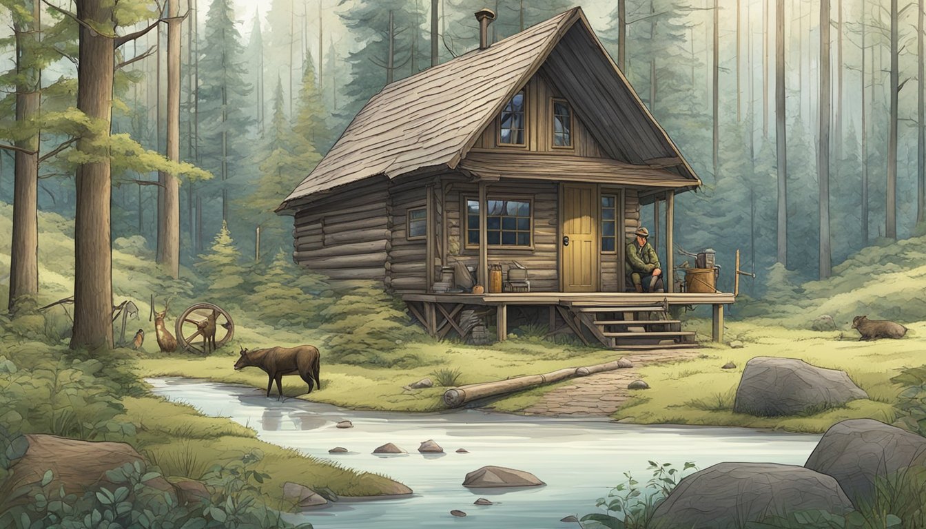 A serene forest clearing with a hunter's cabin in the background, surrounded by wildlife and hunting paraphernalia