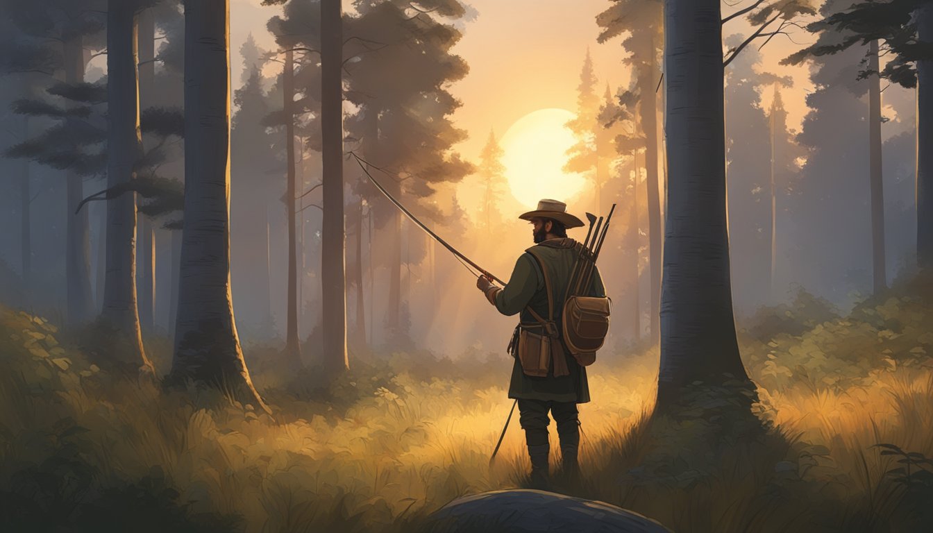 A hunter in traditional clothing, bow in hand, stands amidst a forest clearing. The sun sets behind the trees, casting a warm glow over the scene