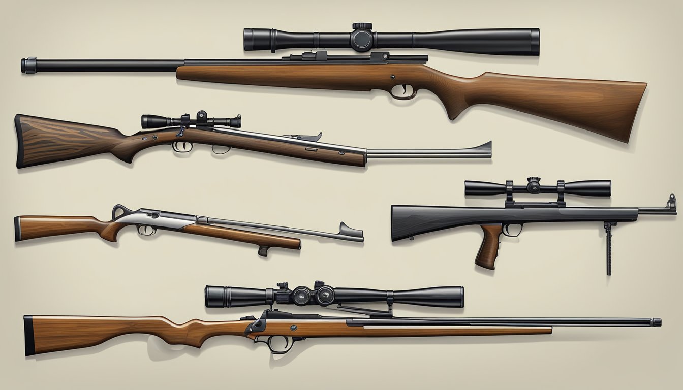 A display of hunting weapons, from primitive spears to modern rifles, showcased in a chronological order, with emphasis on the evolution of technology