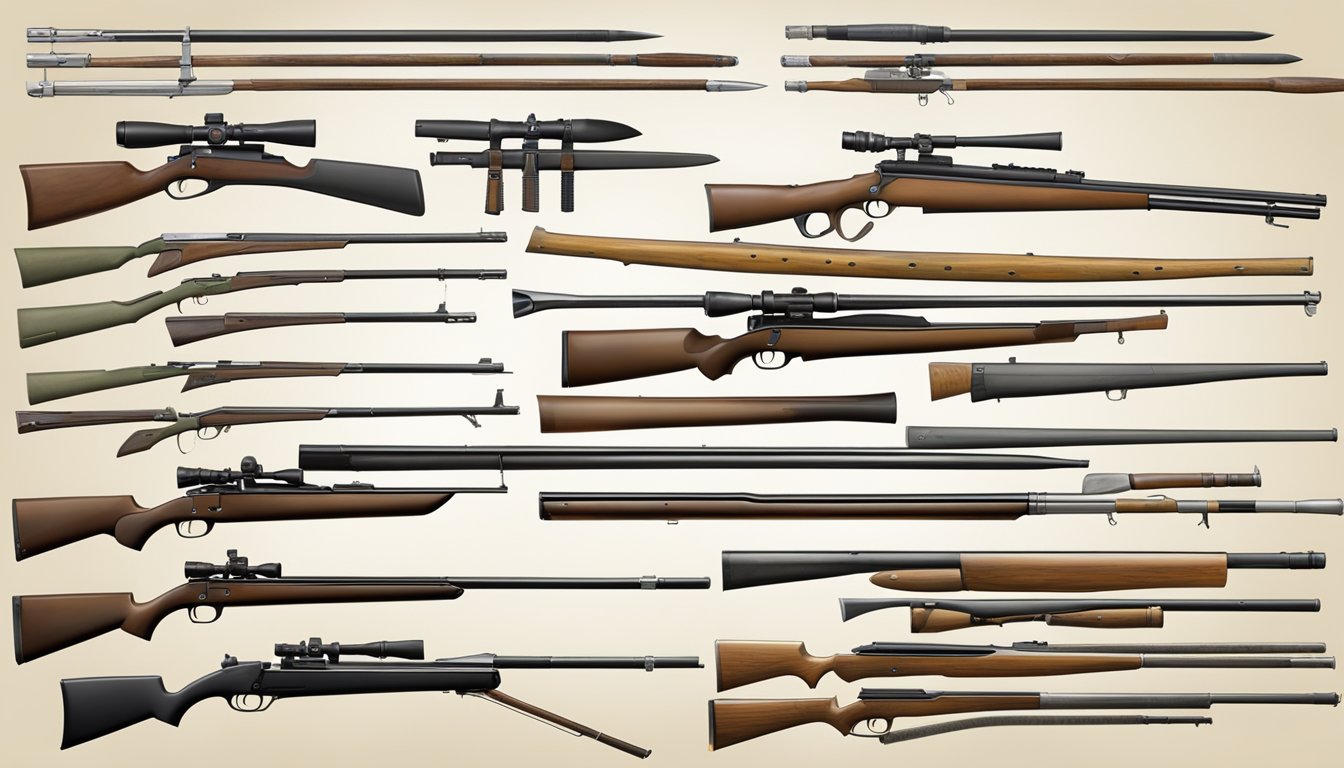 A progression of hunting weapons, from primitive spears to modern rifles, displayed in a museum exhibit