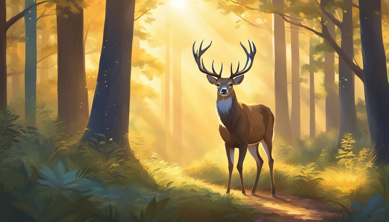 A majestic deer stands in a sun-dappled forest clearing, surrounded by vibrant foliage and the soft glow of golden light filtering through the trees