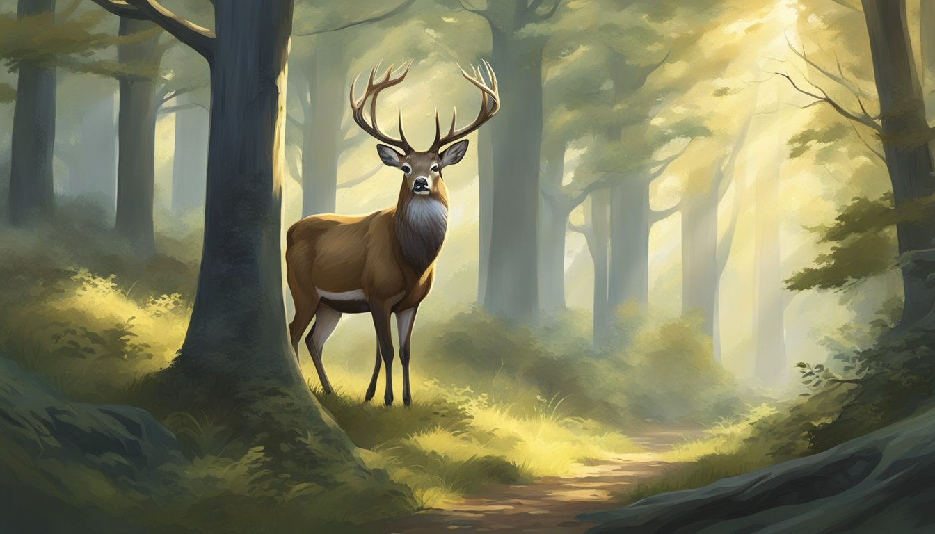 A majestic deer stands in a forest clearing, surrounded by ancient trees and dappled sunlight. The atmosphere is serene and contemplative, evoking the tradition of hunting poetry and prose