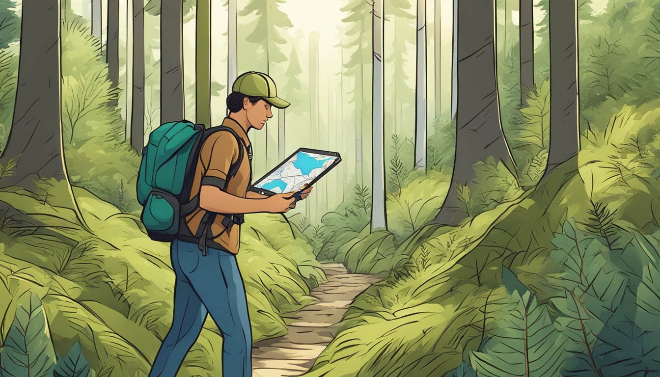 A hiker using a GPS device while holding a compass and map in a dense forest