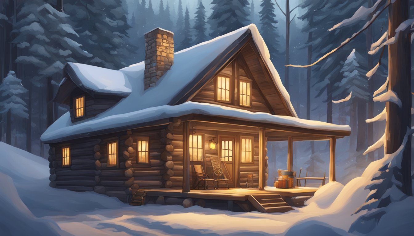 A cozy cabin nestled in a snowy forest, with a warm fire crackling inside and hunting gear hanging on the walls