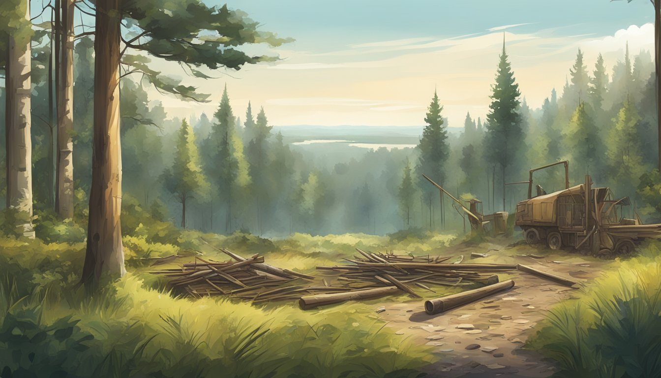 A forest clearing with traditional hunting tools and modern urban structures in the background