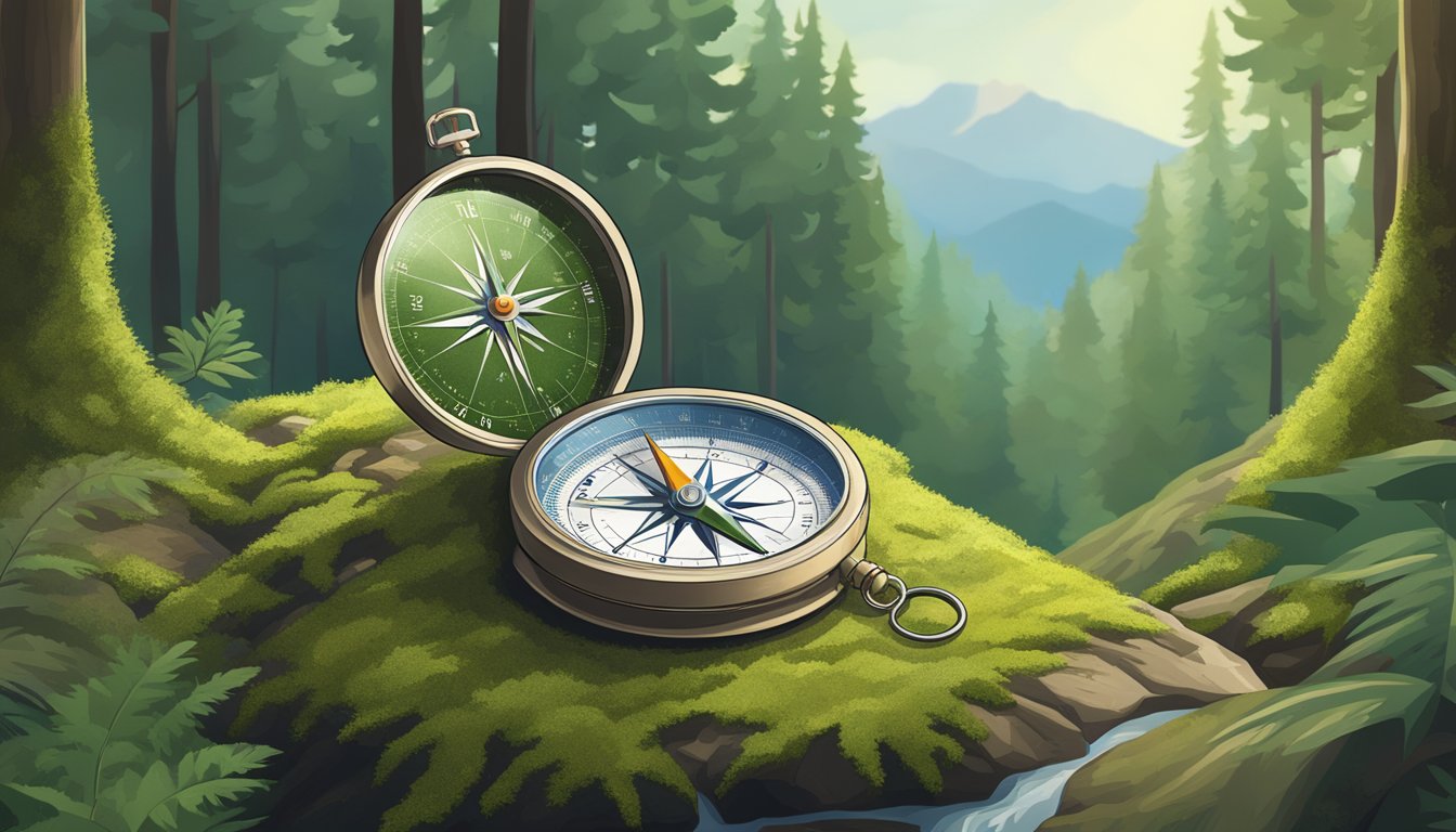 A compass and map laid out on a mossy rock, surrounded by towering trees and a winding trail disappearing into the dense forest