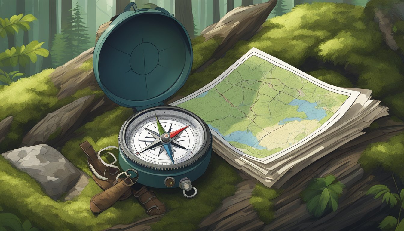 A compass and map laid out on a mossy rock in a dense forest clearing. A backpack and hiking boots sit nearby