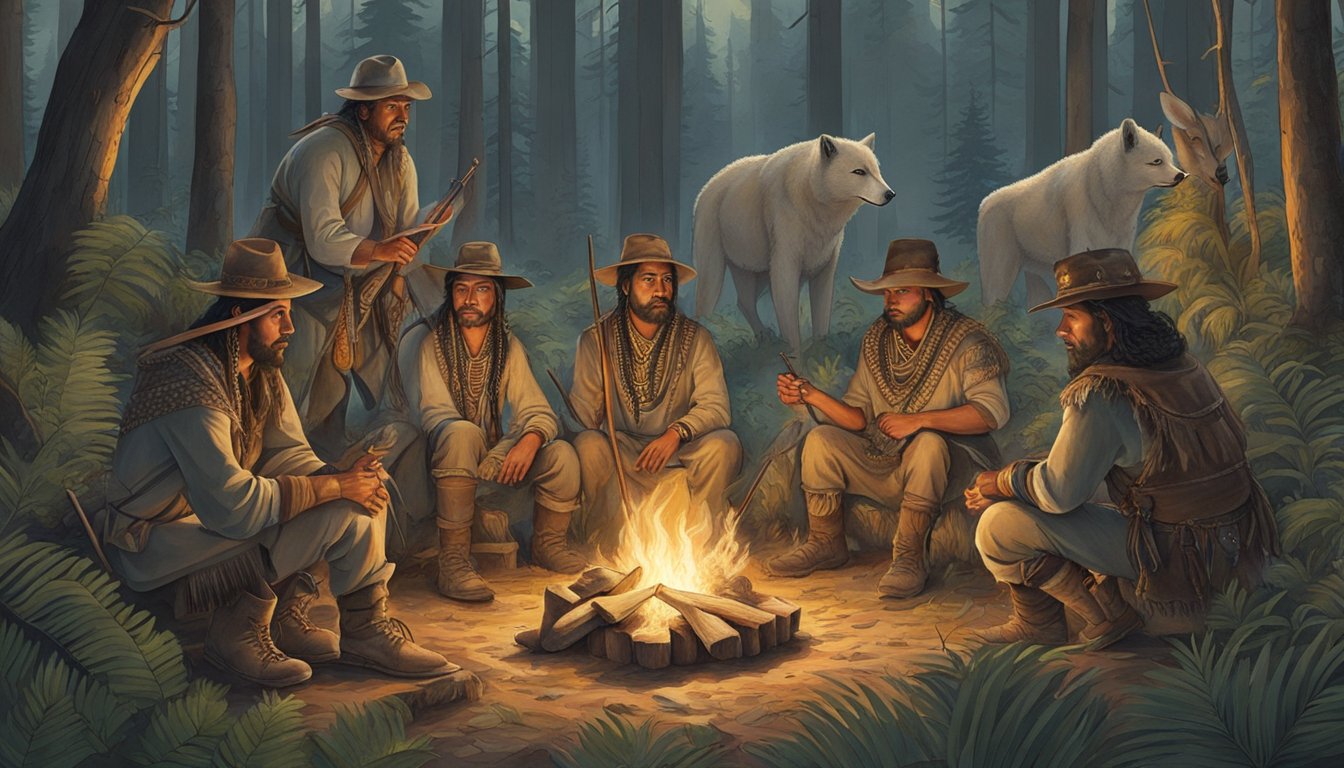 A group of hunters wearing traditional attire gather around a campfire, surrounded by dense forest and wildlife. The attire includes animal skins, feathers, and intricate beadwork