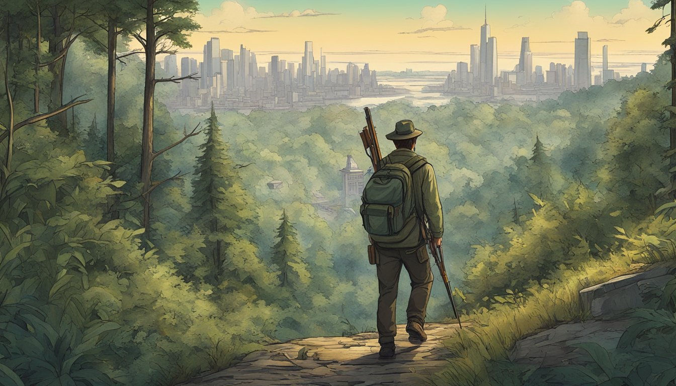 A bustling city skyline looms in the background as a lone hunter treks through a dense forest, traditional hunting tools in hand