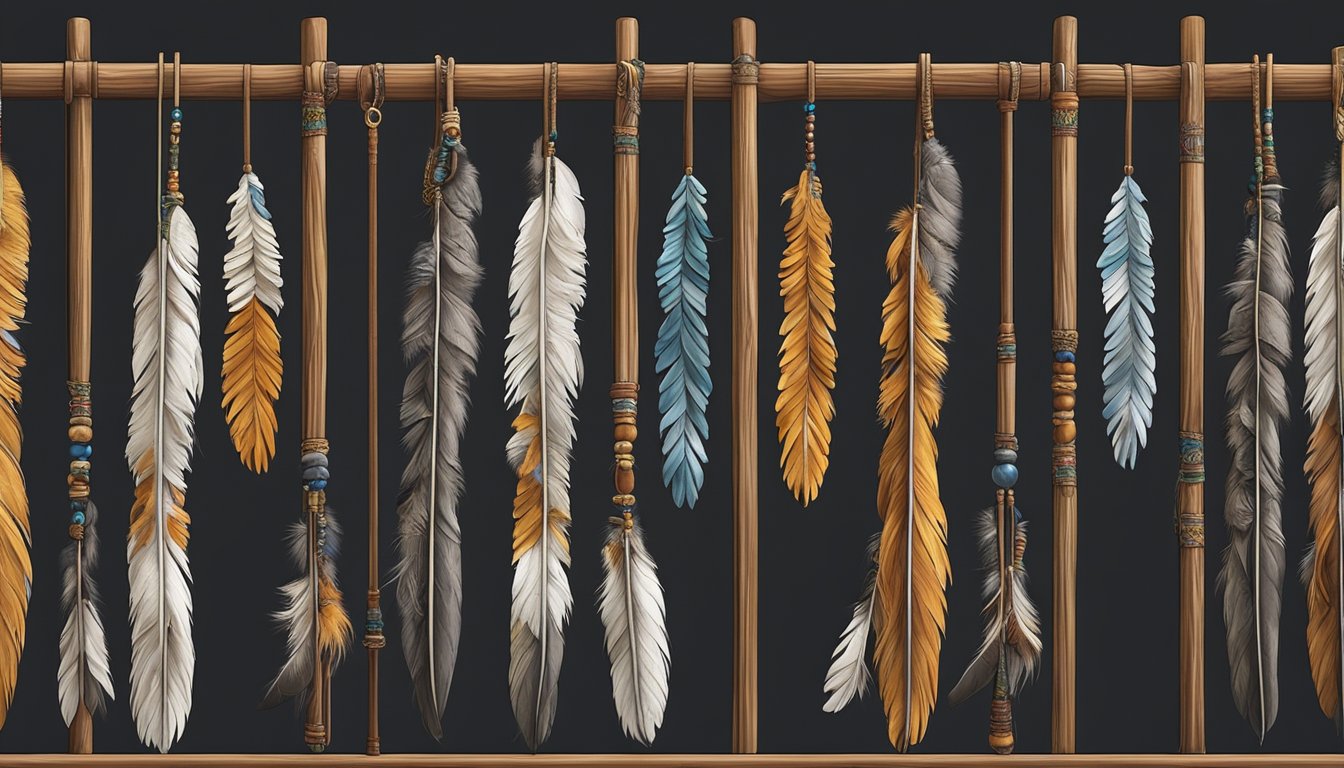 A group of traditional hunting attire displayed on a wooden rack, adorned with intricate beadwork and feathers, symbolizing cultural significance and identity