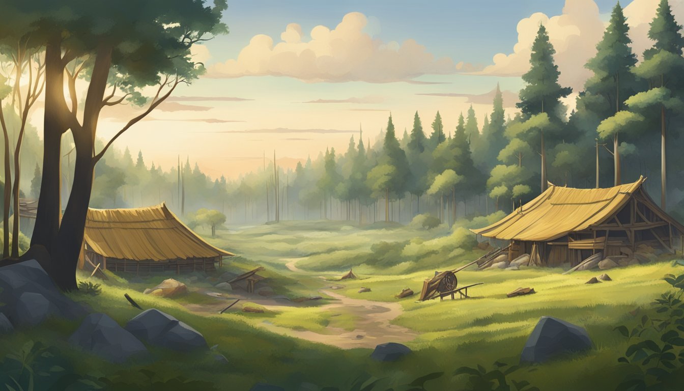 A serene forest clearing with traditional hunting tools and modern urban structures in the background, symbolizing the clash between tradition and urbanization