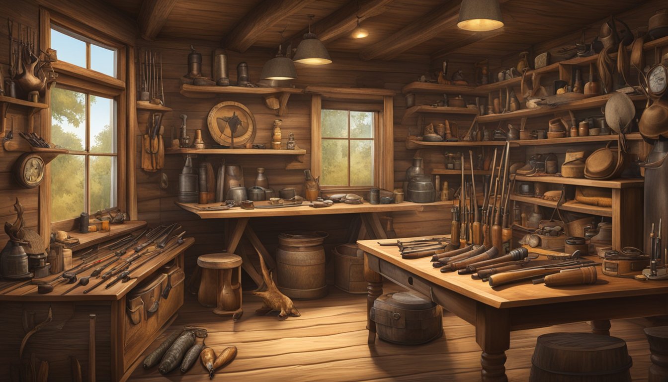 A hunter's cabin with a collection of vintage game calls and decoys displayed on a wooden table, surrounded by hunting gear and taxidermy