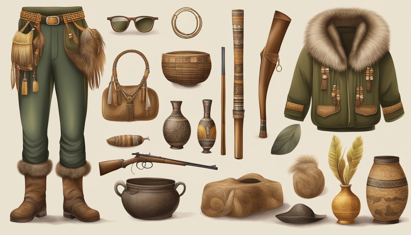 A traditional hunting attire displayed with cultural artifacts and symbols of conservation and sustainability