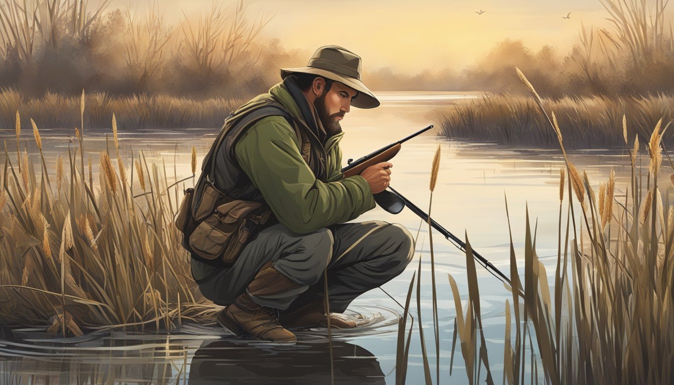 A hunter crouches in a marsh, surrounded by reeds and waterfowl. He holds a game call and decoy, mimicking the sounds of wildfowl