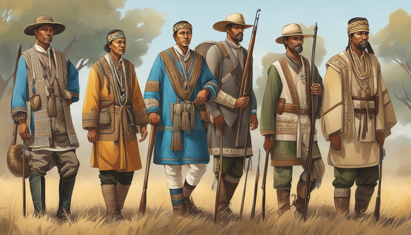 A group of traditional hunting attire displayed in a modern setting, highlighting its cultural significance through intricate designs and materials