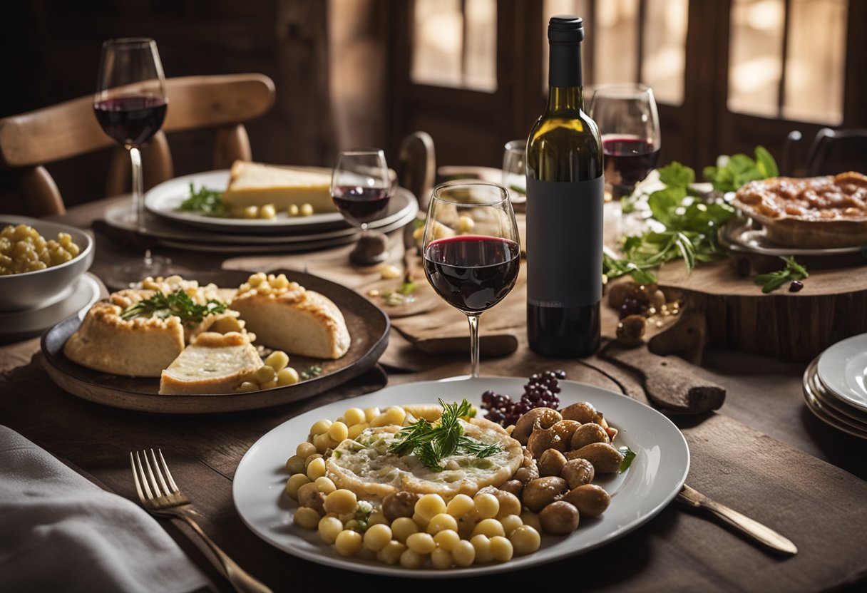 Uma mesa rústica decorada com garrafas de vinho do Piemonte, cercada por pratos da culinária regional tradicional