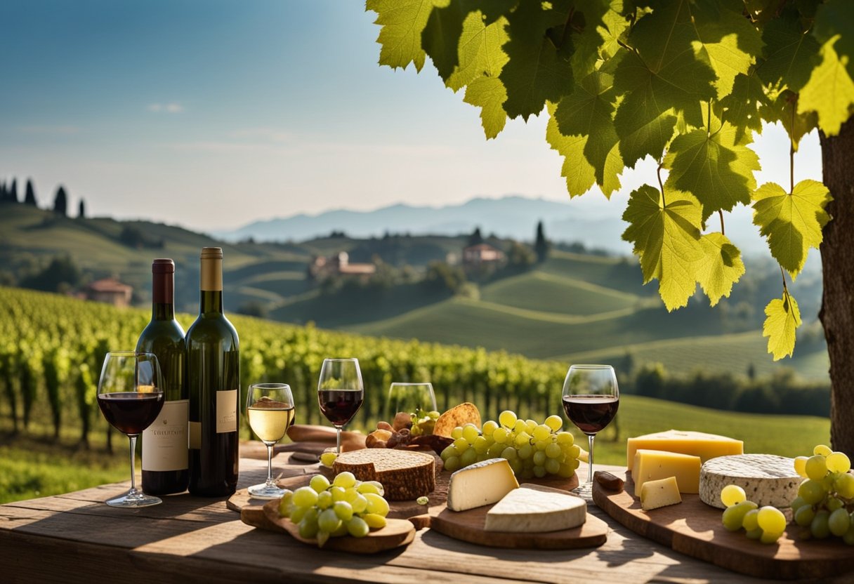 Uma vinícola rústica em Piemonte, Itália, com colinas onduladas, vinhedos e uma casa de fazenda tradicional italiana. Uma variedade de queijos locais, carnes e produtos frescos acompanha uma garrafa de vinho de Piemonte.