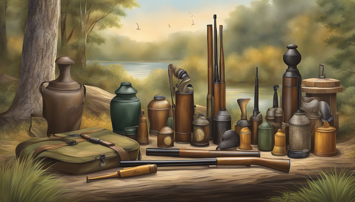 A variety of game calls and decoys from different time periods displayed in a natural outdoor setting