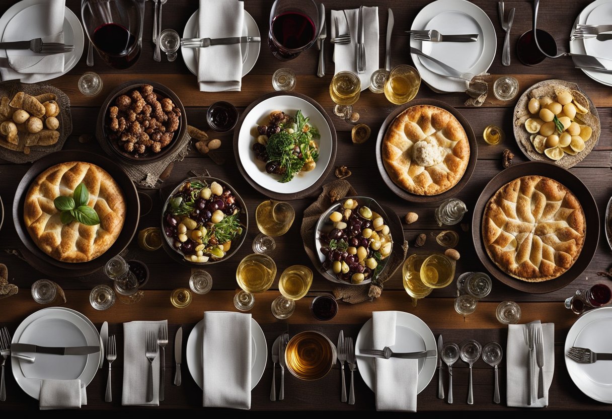 Uma mesa rústica decorada com garrafas de vinhos do Piemonte, cercada por pratos e ingredientes regionais, evocando a essência da culinária e da cultura do vinho piemontesa.