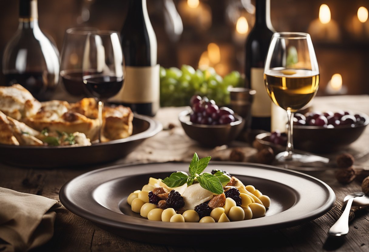 Uma mesa posta com pratos tradicionais piemonteses e garrafas de vinhos do Piemonte. Um ambiente aconchegante e rústico, com cores ricas e iluminação suave.