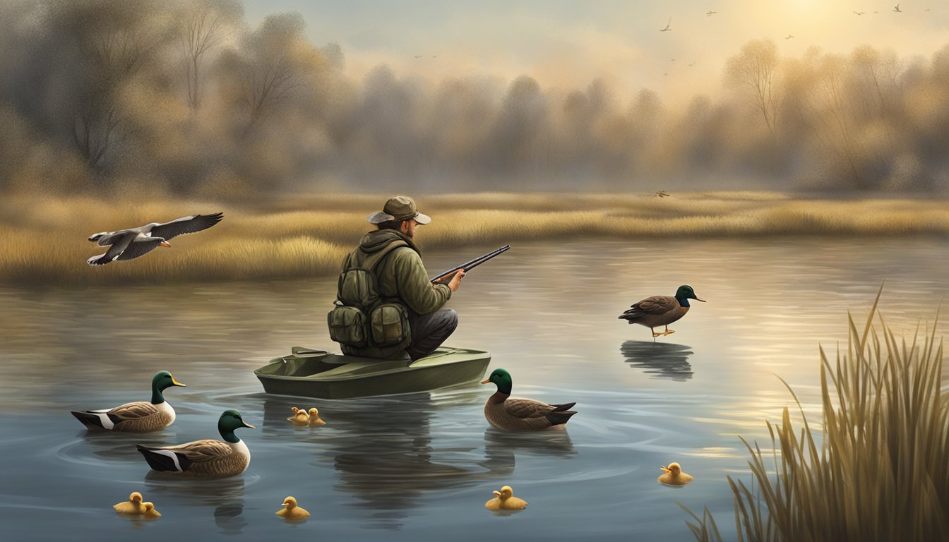 A hunter using a game call to lure in a flock of ducks, while a decoy sits on the water's surface