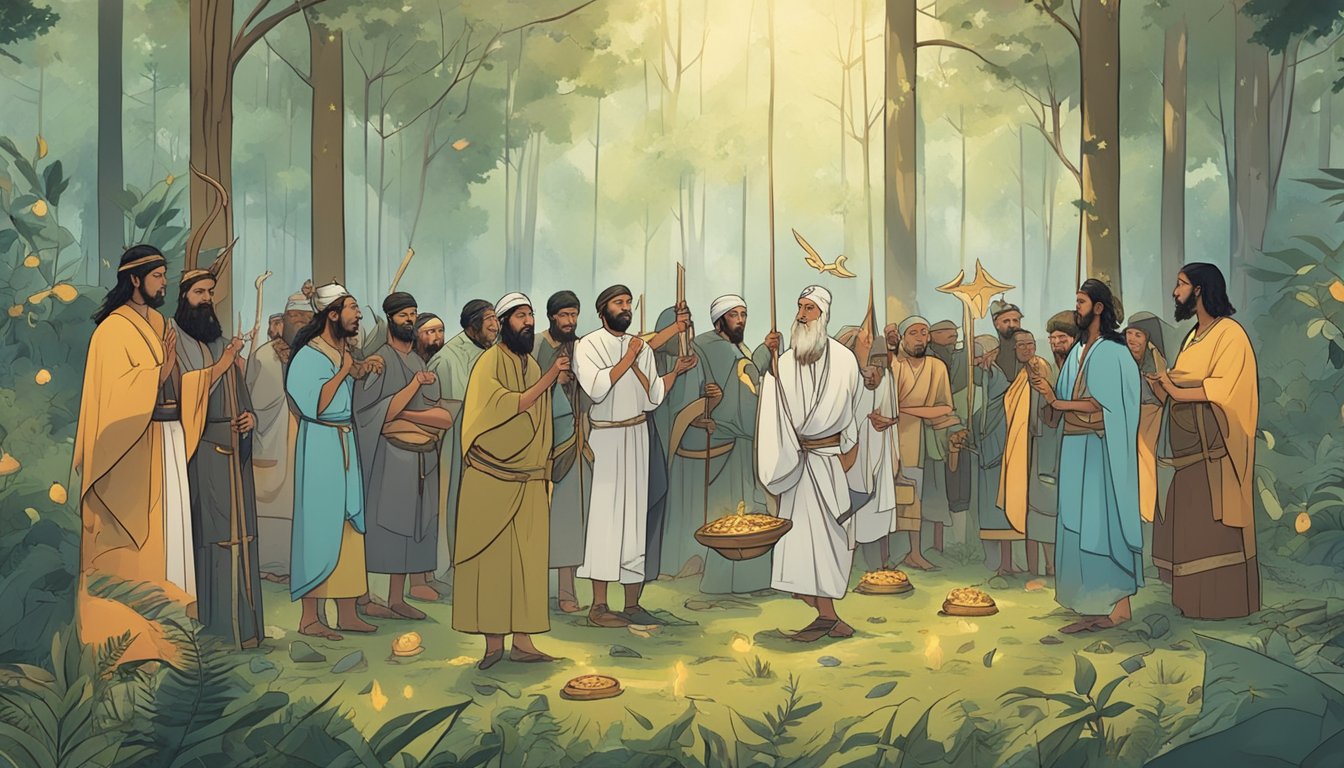 A group of ancient people conducting a ritual hunt in a forest clearing, surrounded by symbols of their religious beliefs and offerings to their gods