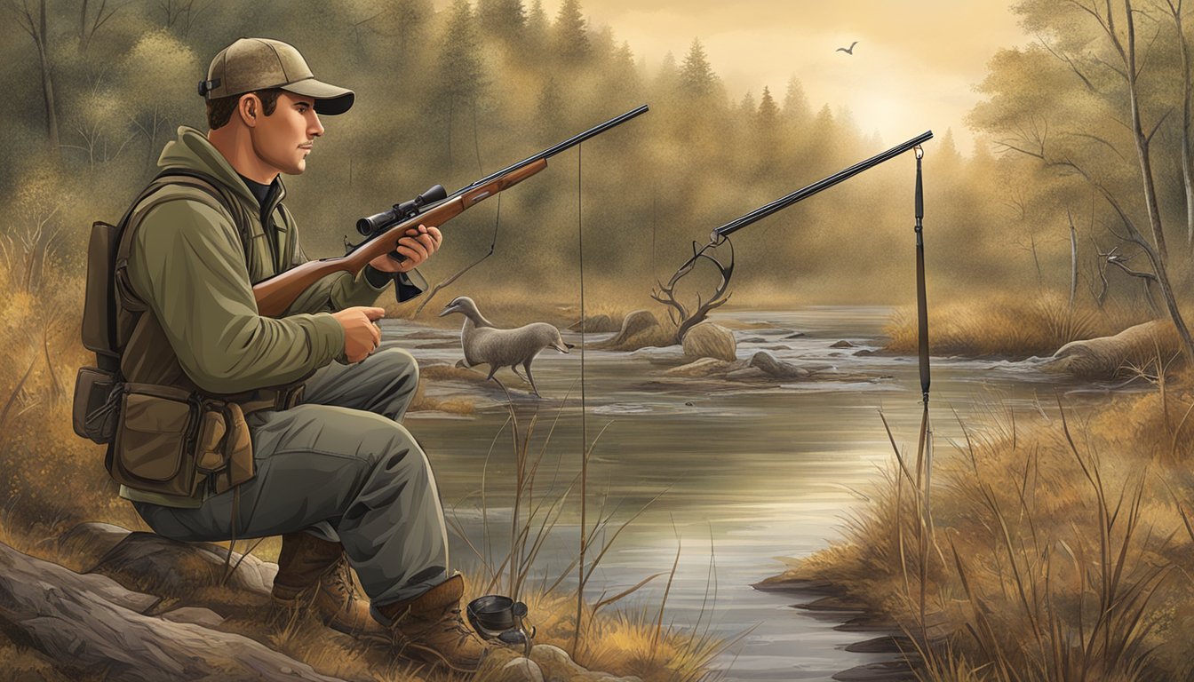 A hunter setting up various game calls and decoys in a natural, outdoor setting