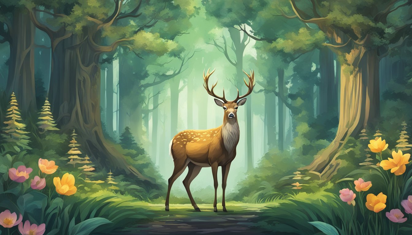 A majestic deer stands before a lush forest, surrounded by symbols of ancient religious practices and mythology