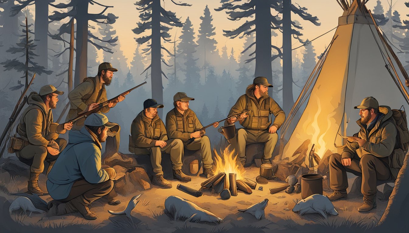 A group of hunters gather around a campfire, surrounded by various game calls and decoys. The hunters are sharing stories and techniques, emphasizing the communal aspect of hunting