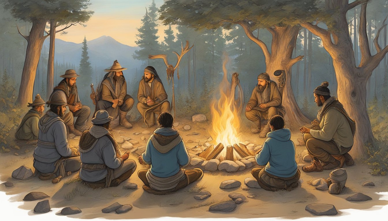 A group of hunters gather around a sacred fire, offering prayers and blessings before embarking on a hunt. Animal totems and symbols adorn the surrounding area, emphasizing the spiritual significance of the ritual