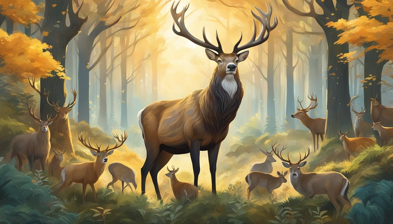 A majestic stag stands at the center of a lush forest, surrounded by various woodland animals and symbols of nature. The sun casts a golden glow over the scene, emphasizing the divine connection to the hunt