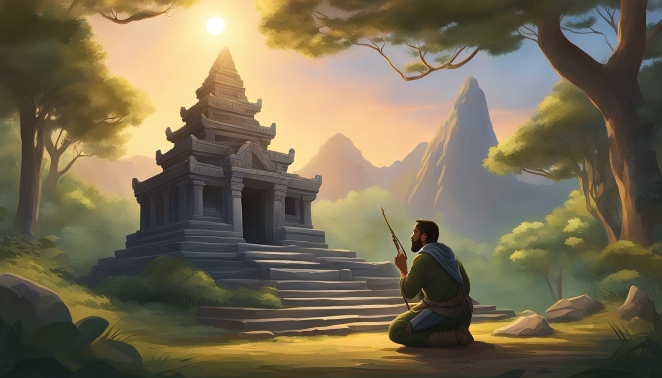 A hunter kneels before a stone temple nestled in a lush forest clearing, offering a freshly caught animal as a sacrifice. The sun sets behind the temple, casting a warm glow over the scene