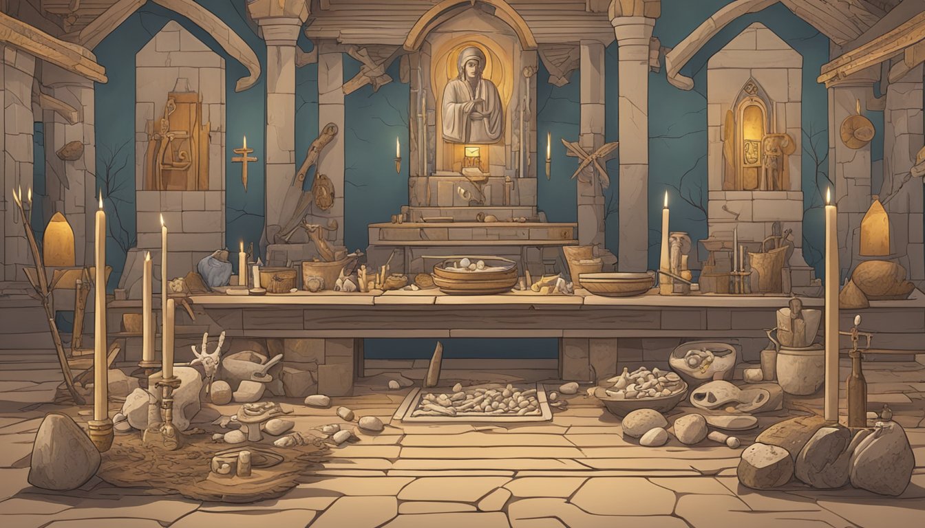 An ancient ritual site with animal bones and tools, surrounded by symbols of worship and offerings