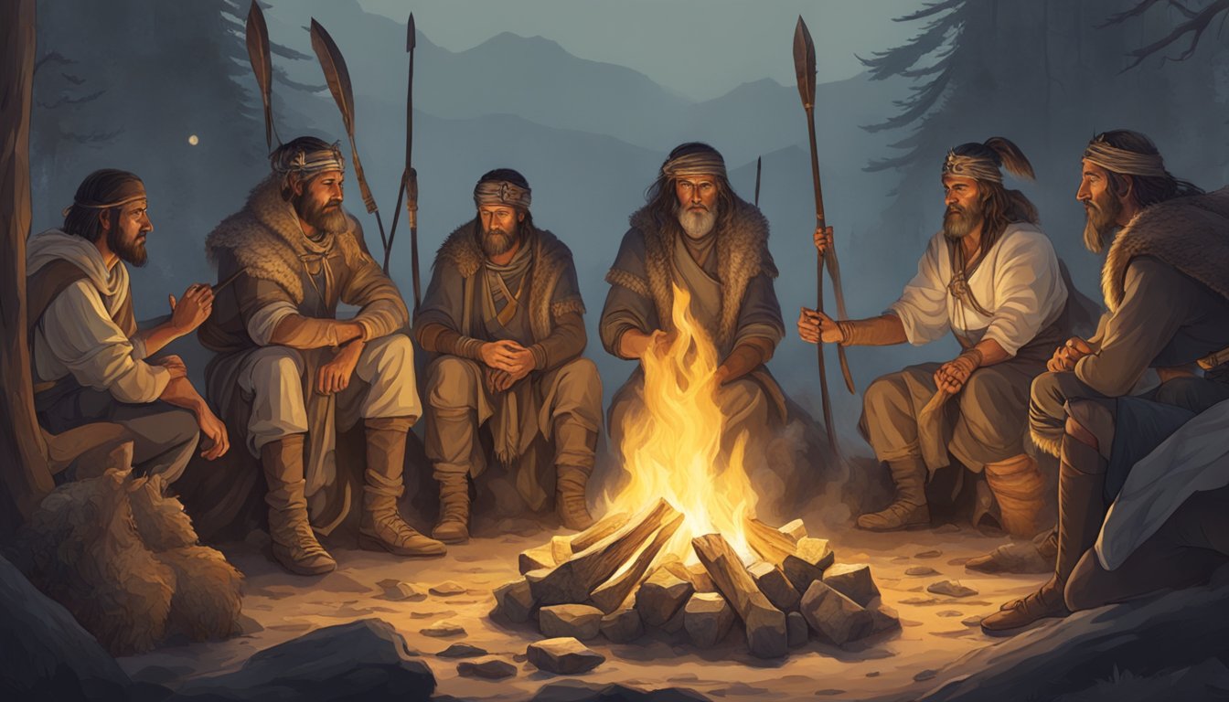 A group of ancient hunters gather around a sacred fire, offering their game as a religious sacrifice to their gods