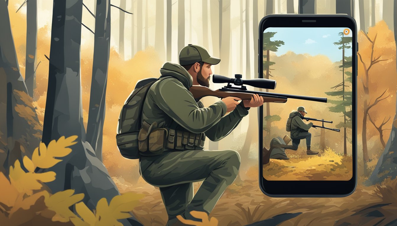 A hunter in camouflage taking aim in a forest, while a smartphone with hunting-related social media posts is visible in the background