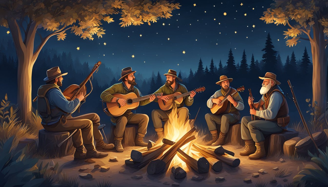 A group of hunters gather around a campfire, playing traditional instruments and singing hunting-themed folk songs under the starry night sky