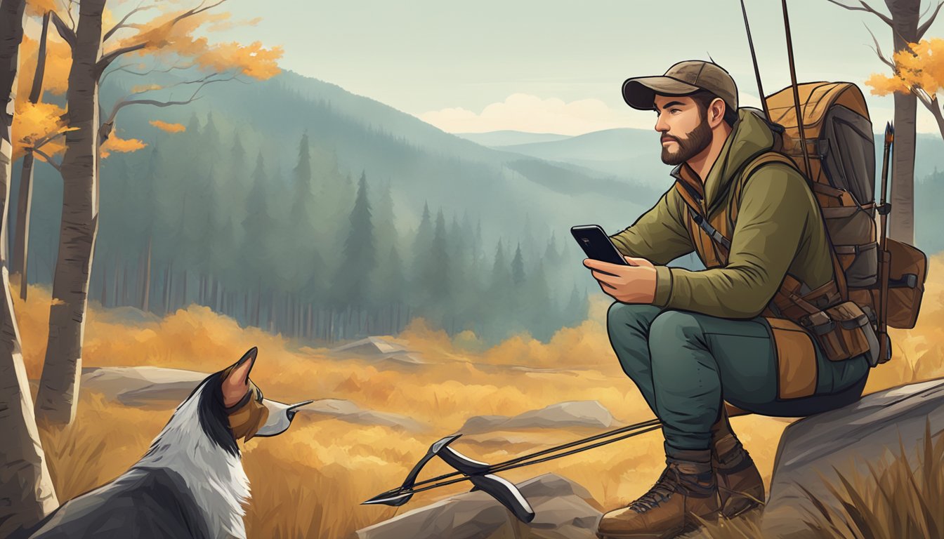 A hunter using a smartphone to share hunting experiences online, while a traditional bow and arrow sits unused nearby