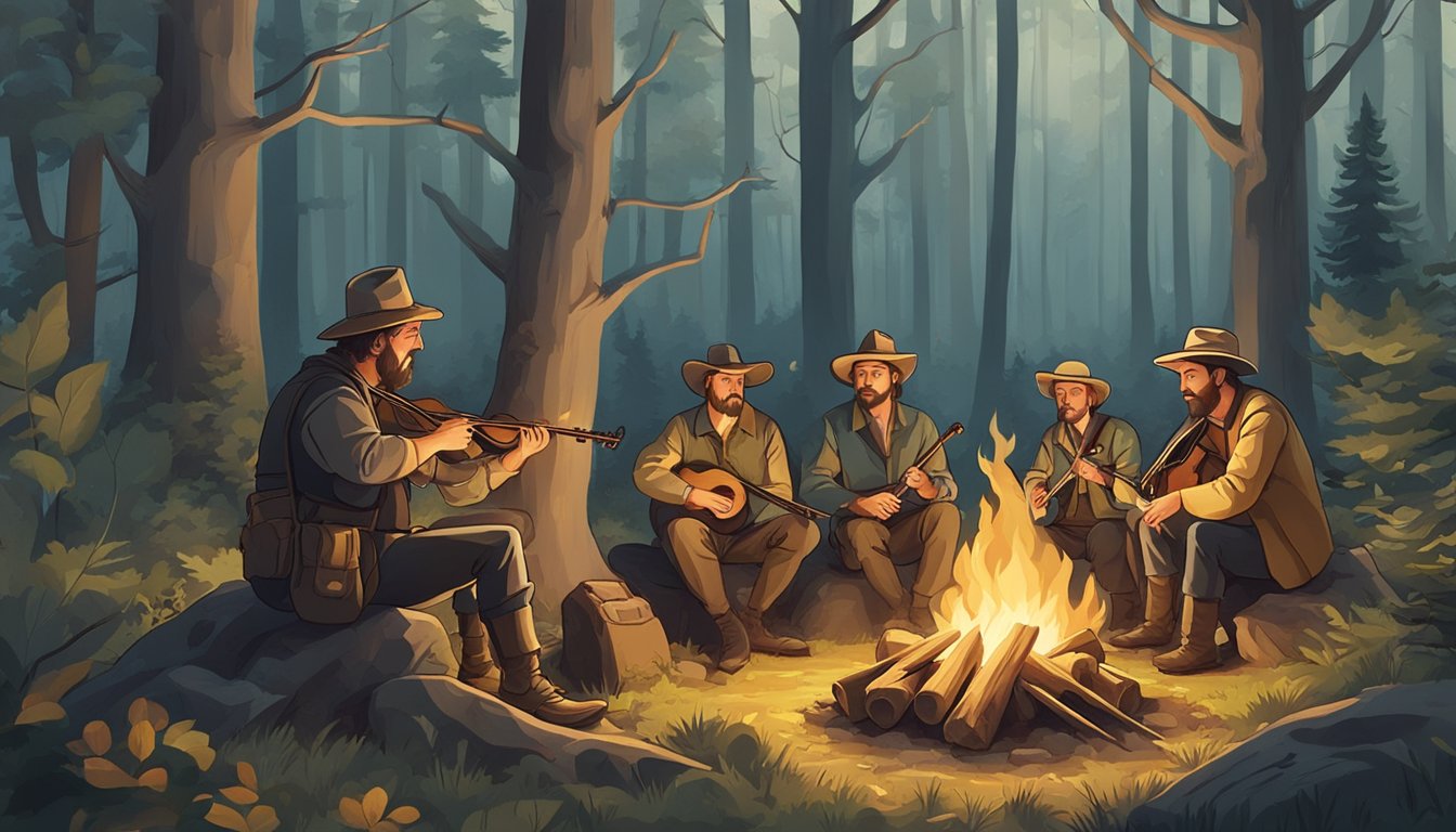 A group of iconic artists playing traditional hunting-themed folk music around a campfire in a forest clearing