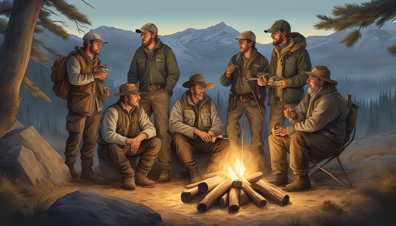 A group of hunters gather around a campfire, sharing stories and experiences while their hunting gear and trophies are displayed in the background