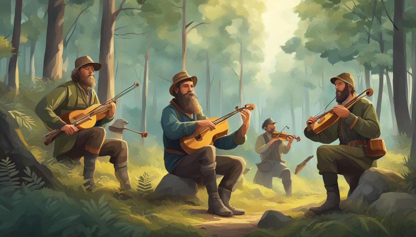 A group of hunters playing traditional instruments in a forest clearing, surrounded by wildlife and nature