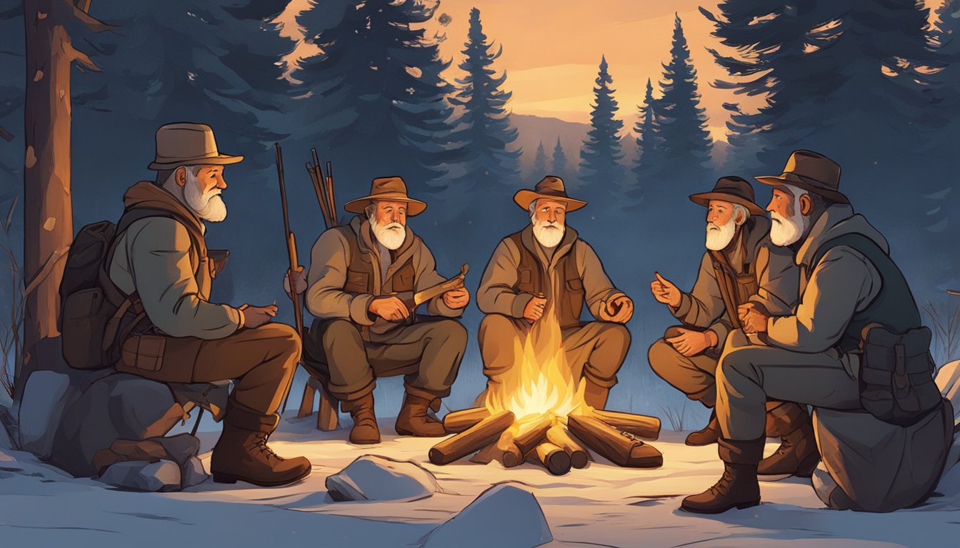 A group of hunters gather around a campfire, listening intently as an elder tells a story using animated gestures and expressions. The flickering firelight creates a warm and inviting atmosphere